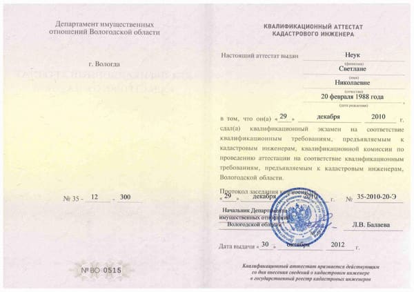 Квалификационный аттестат кадастрового инженера Неук С. Н.