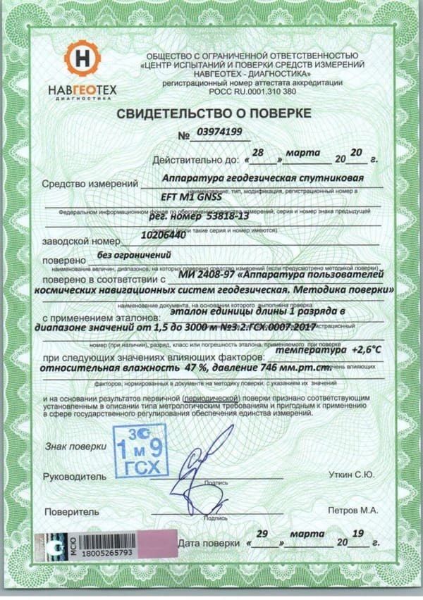 Свидетельство о поверке 03974199